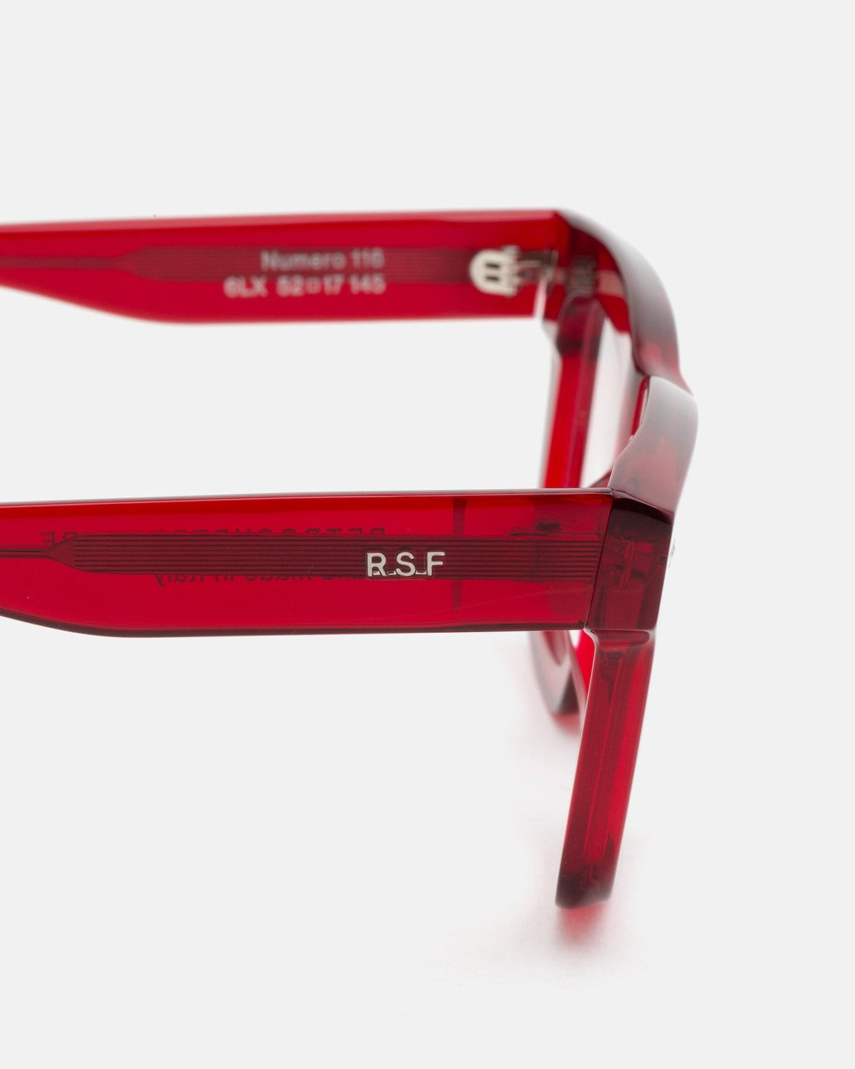 Close-up of the temple showing R.S.F branding on RETROSUPERFUTURE Numero 116 Mattone sunglasses.