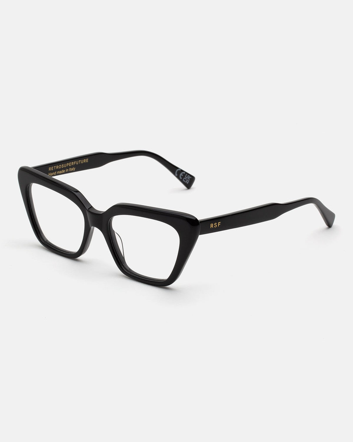 Angle view of RETROSUPERFUTURE Numero 122 Black sunglasses showing the left temple.