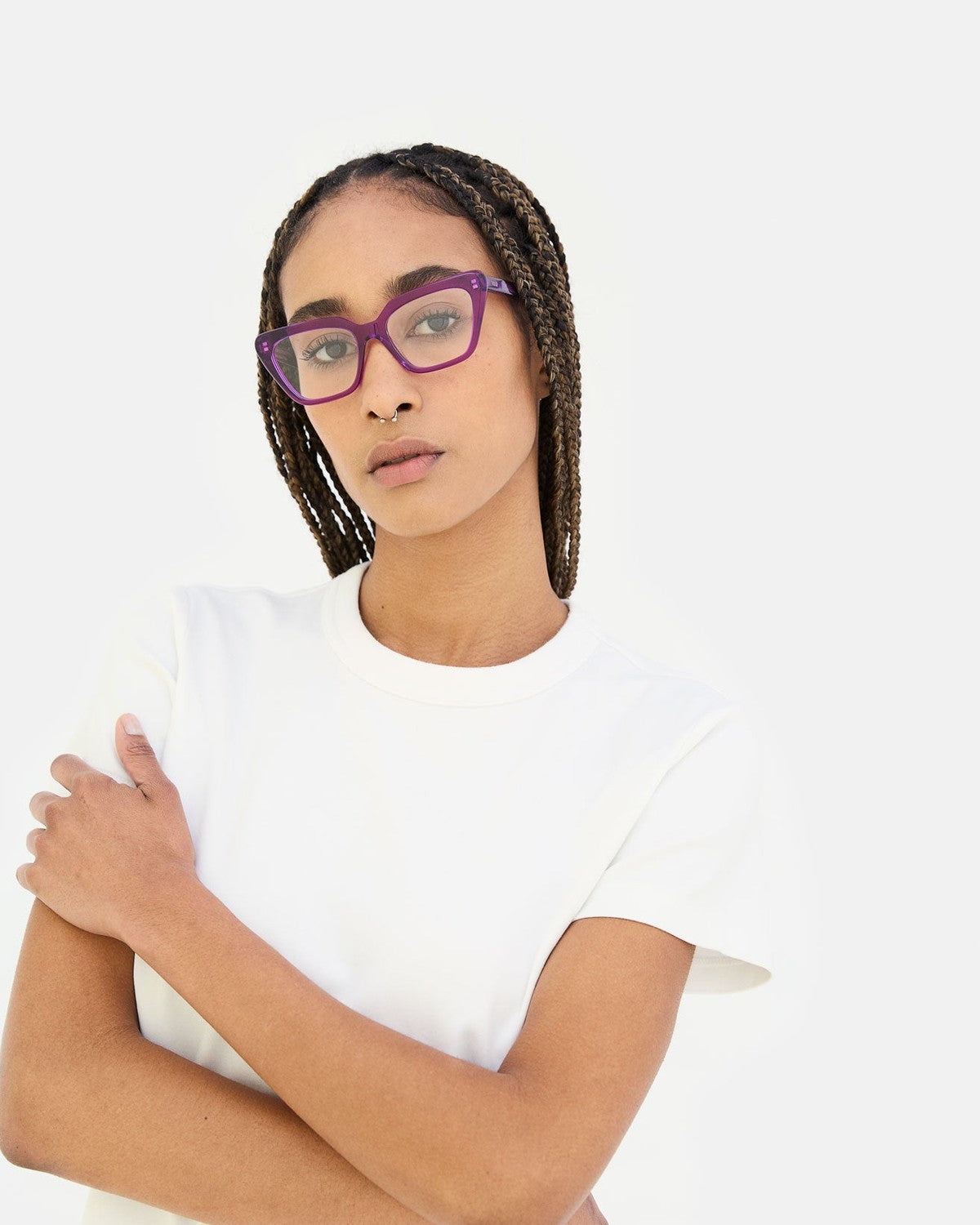 Model wearing RETROSUPERFUTURE Numero 122 Purple sunglasses.