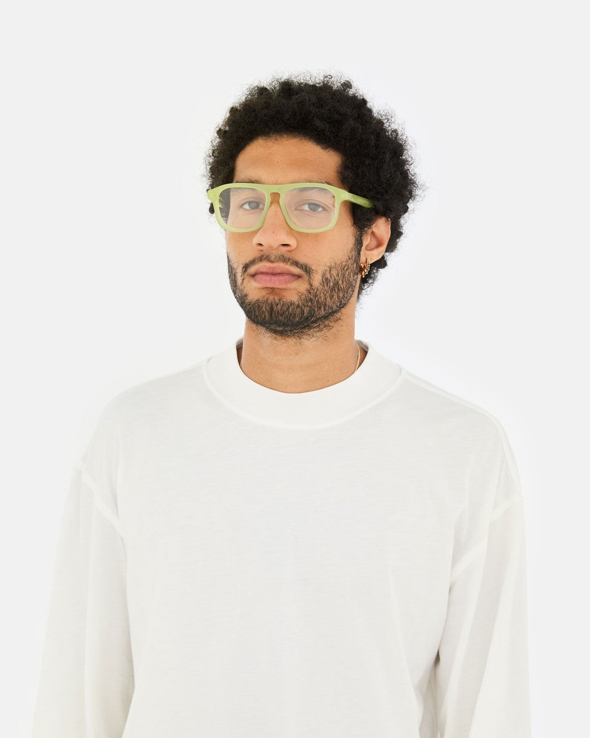 Front try-on view of RETROSUPERFUTURE Numero 123 Lime sunglasses.