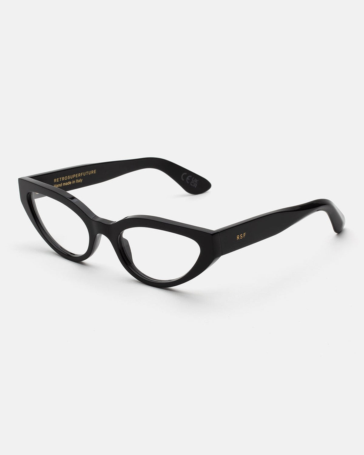 Angled view of RETROSUPERFUTURE Numero 124 Black sunglasses showing the cat-eye shape.