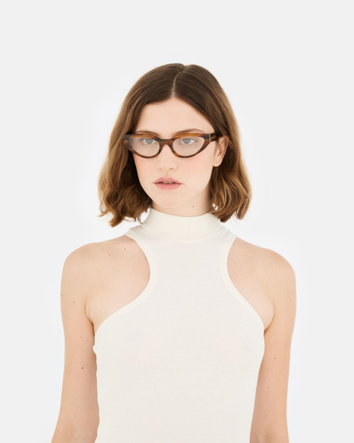 Model wearing RETROSUPERFUTURE Numero 124 Tangeri sunglasses, front view.
