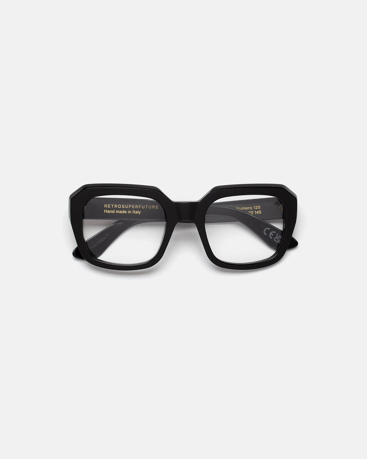 Front view of RETROSUPERFUTURE Numero 125 Black sunglasses folded flat.