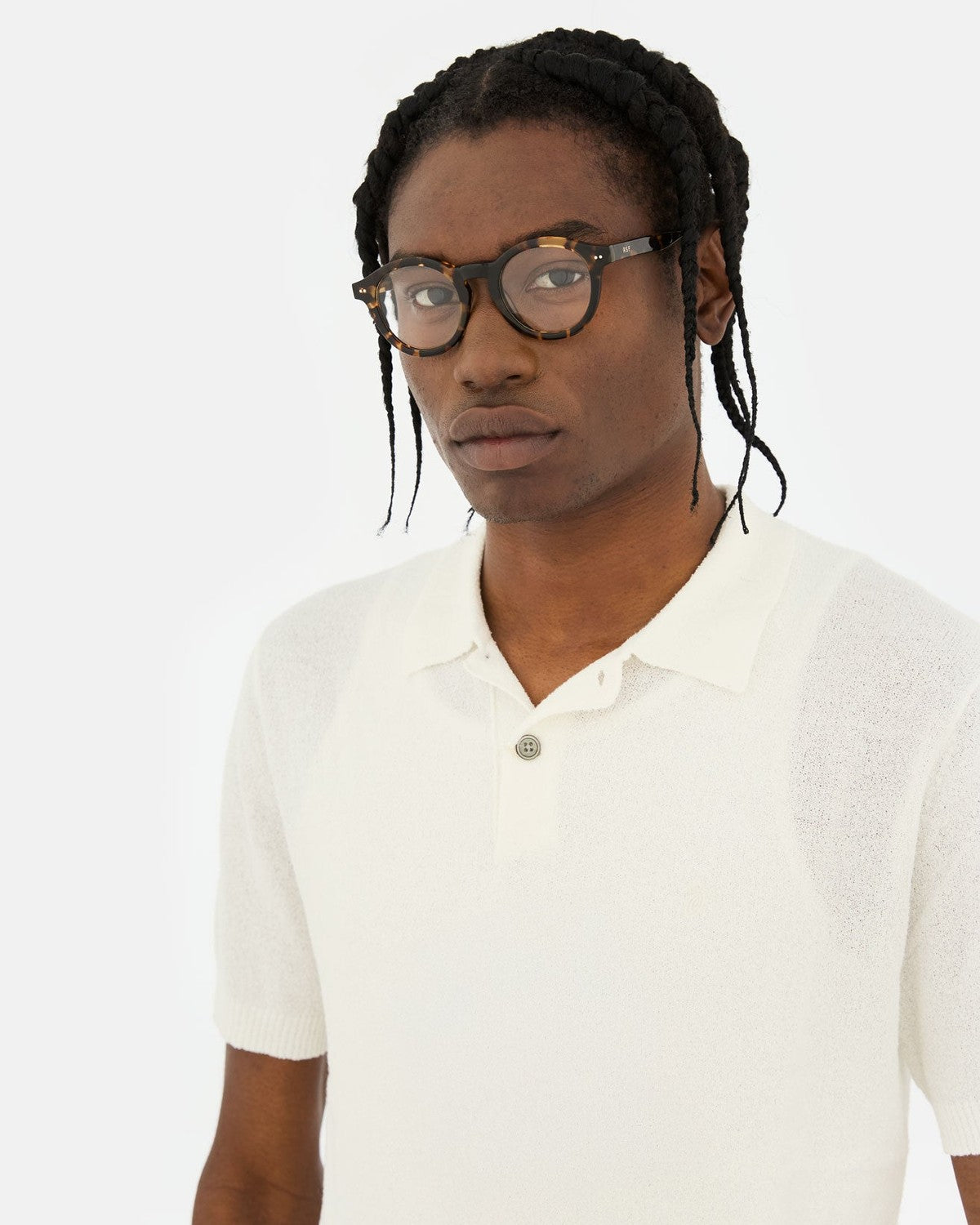Model wearing RETROSUPERFUTURE Numero 129 Burnt Havana sunglasses in front view.