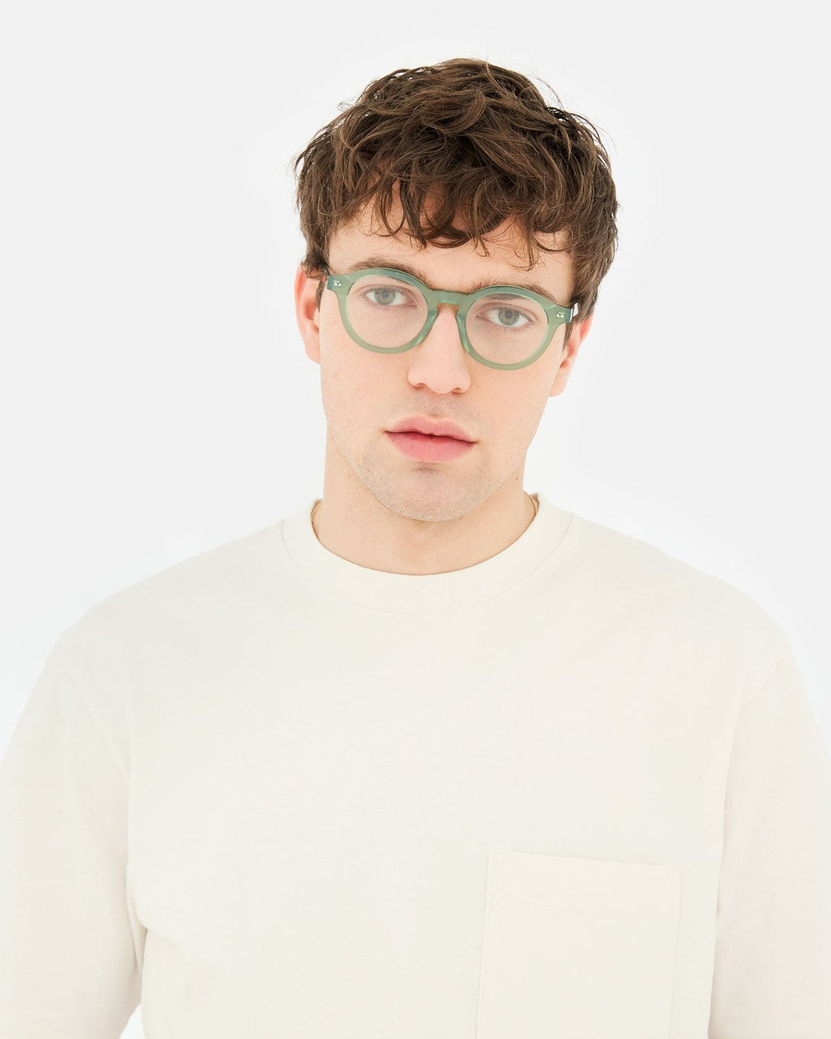 Front view of RETROSUPERFUTURE Numero 129 Salvia sunglasses worn by a model.