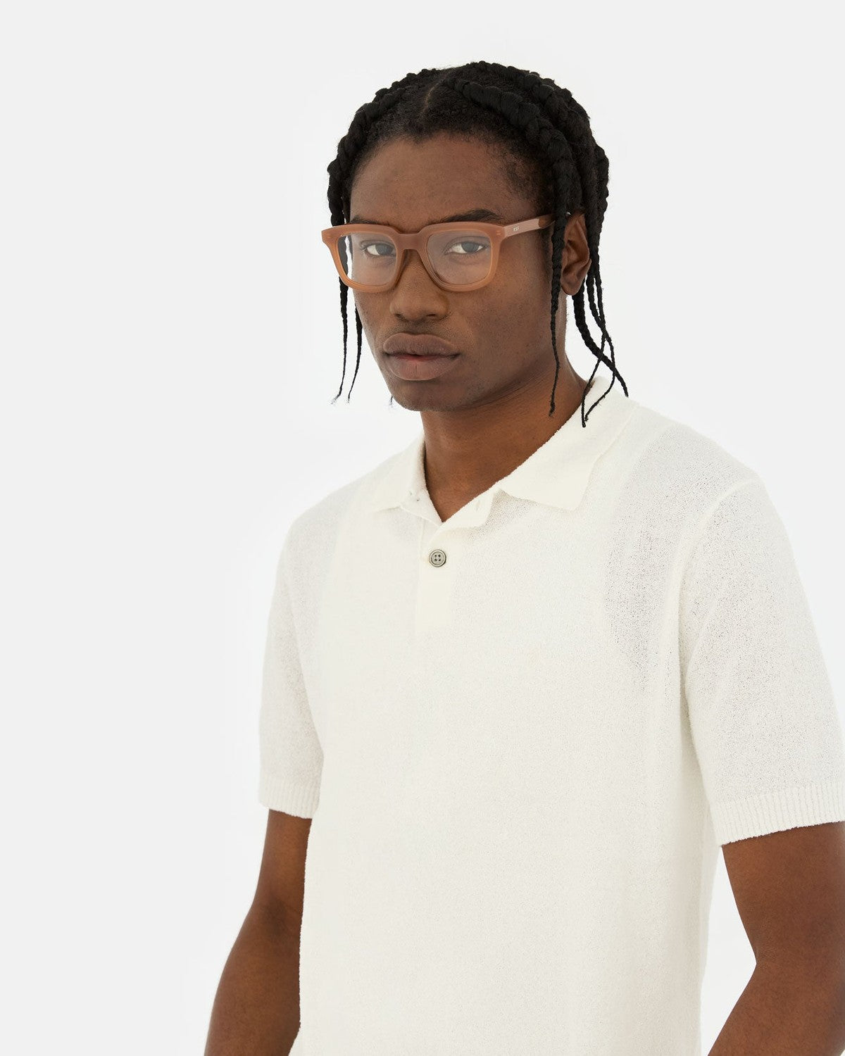 Model wearing RETROSUPERFUTURE Numero 132 Cola sunglasses with clear lenses.