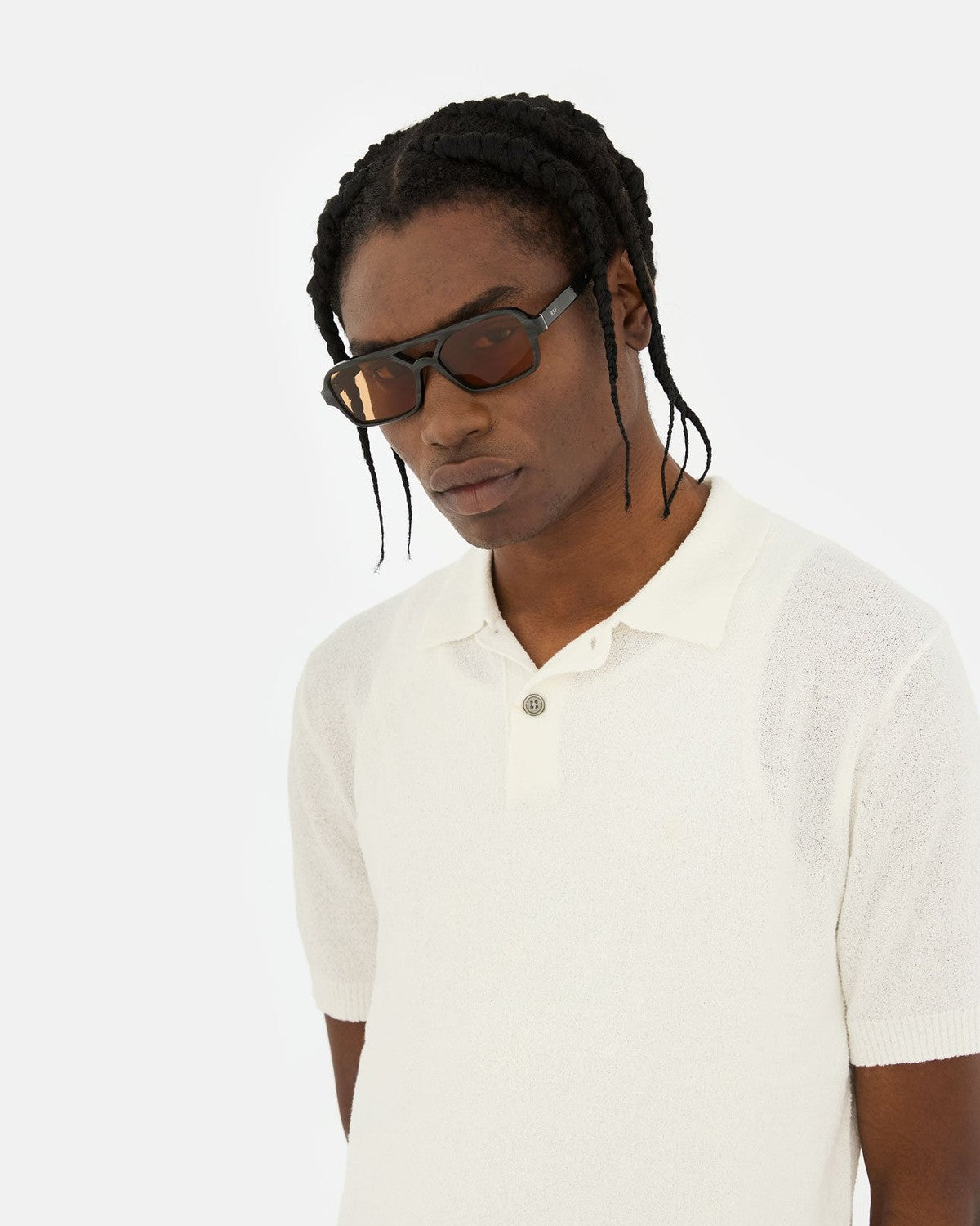 Model wearing RETROSUPERFUTURE Numero 132 Cola sunglasses with tinted lenses.