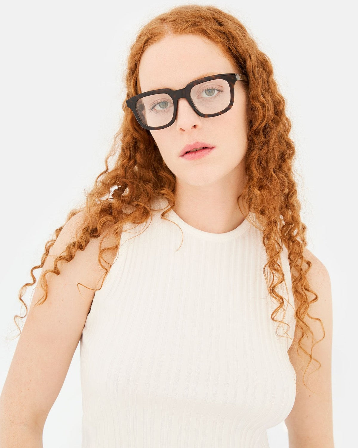 Front view of model wearing RETROSUPERFUTURE Numero 132 Havana sunglasses.