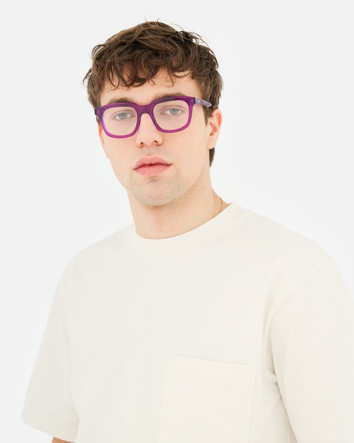 Model wearing RETROSUPERFUTURE Numero 132 Violissimo sunglasses, front view.