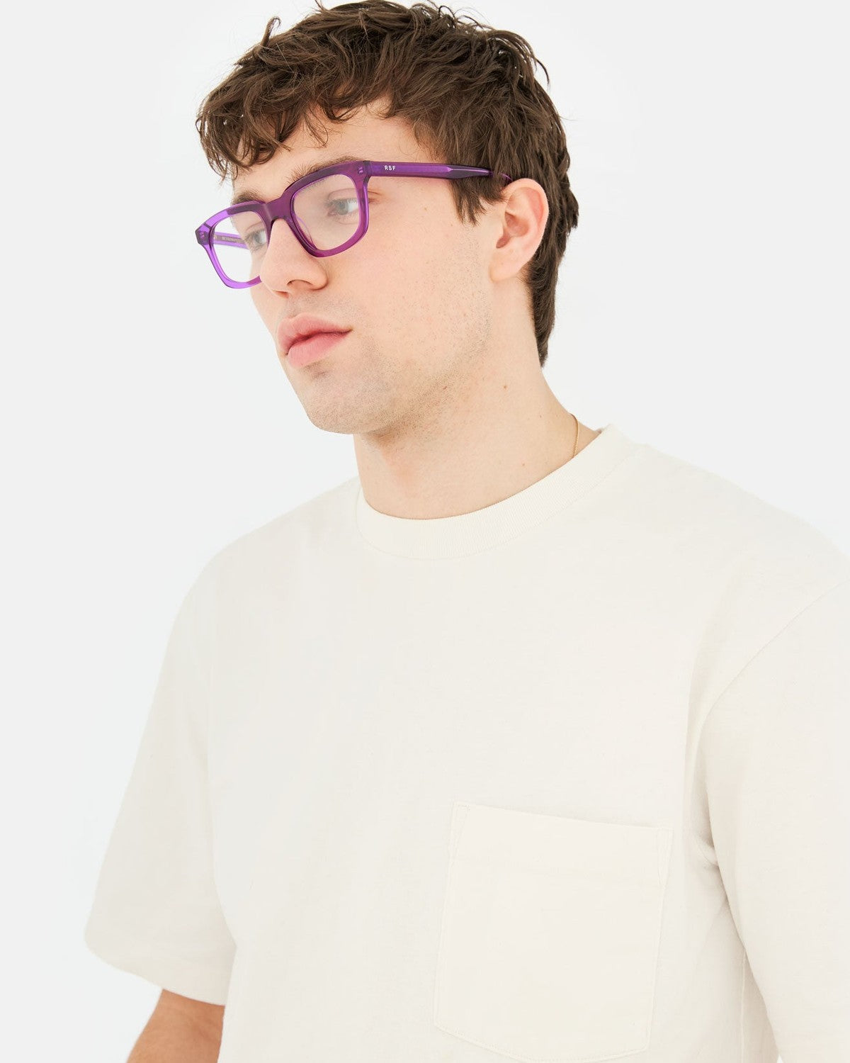 Model wearing RETROSUPERFUTURE Numero 132 Violissimo sunglasses, side profile.