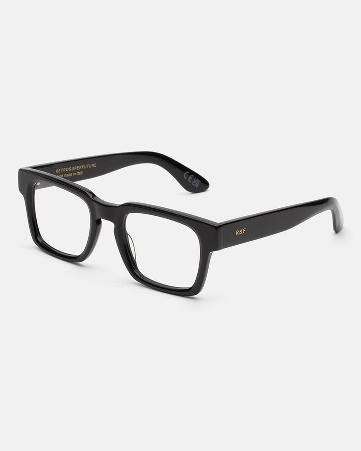 Angle view of RETROSUPERFUTURE Numero 133 Black sunglasses with temples extended.