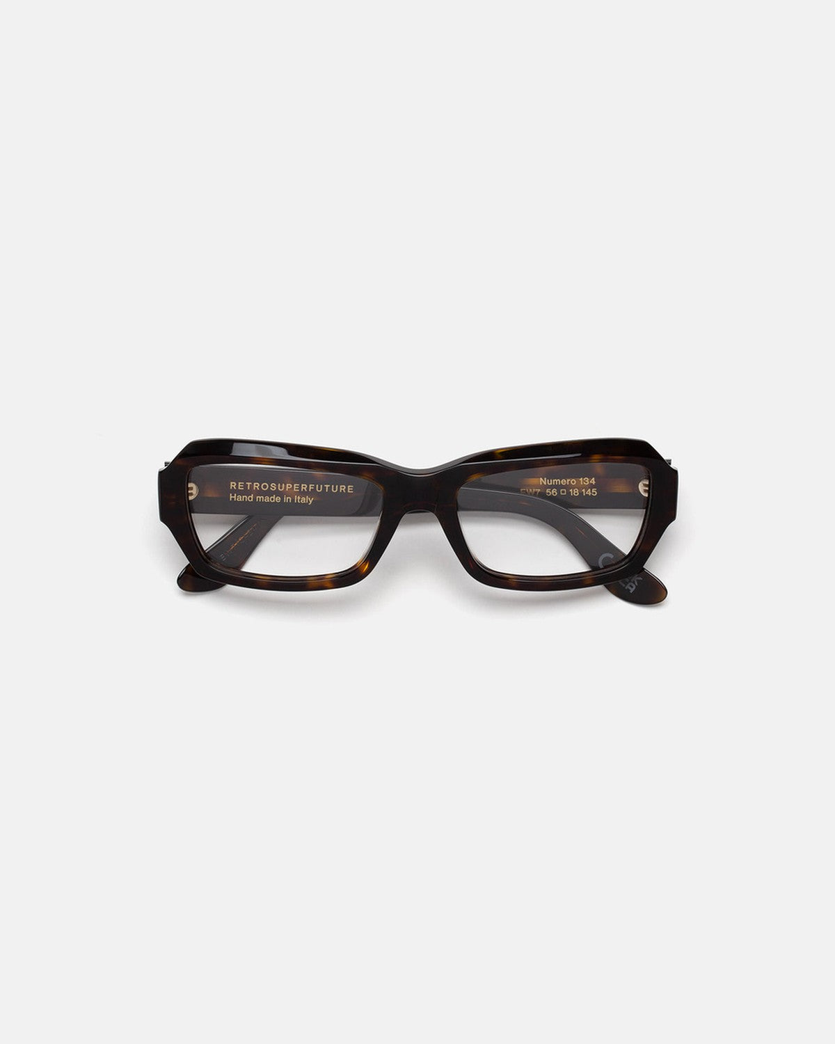 Folded view of RETROSUPERFUTURE Numero 134 3627 sunglasses showing interior temple markings.