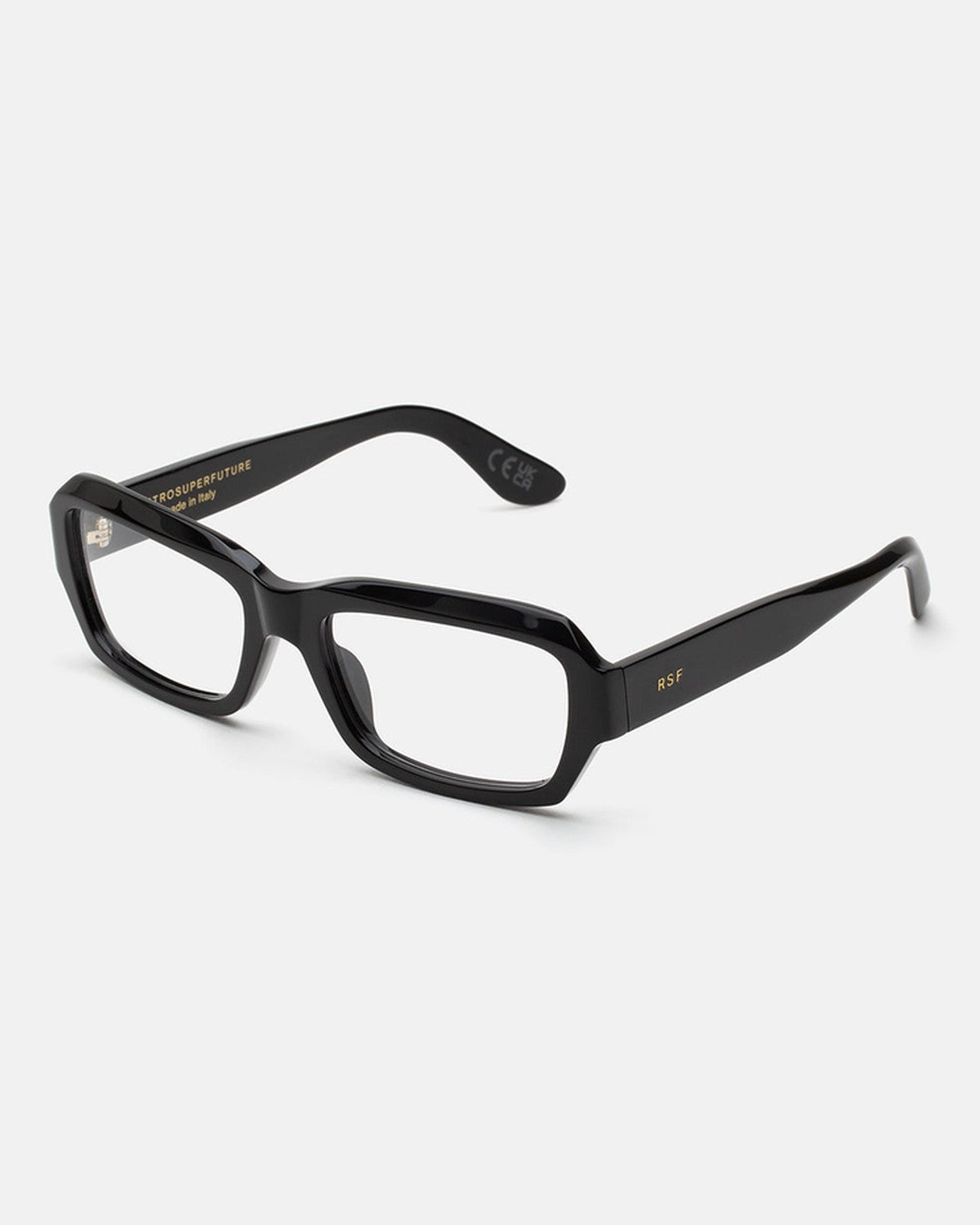 Angle view of RETROSUPERFUTURE Numero 134 Black sunglasses showing temple and frame shape.