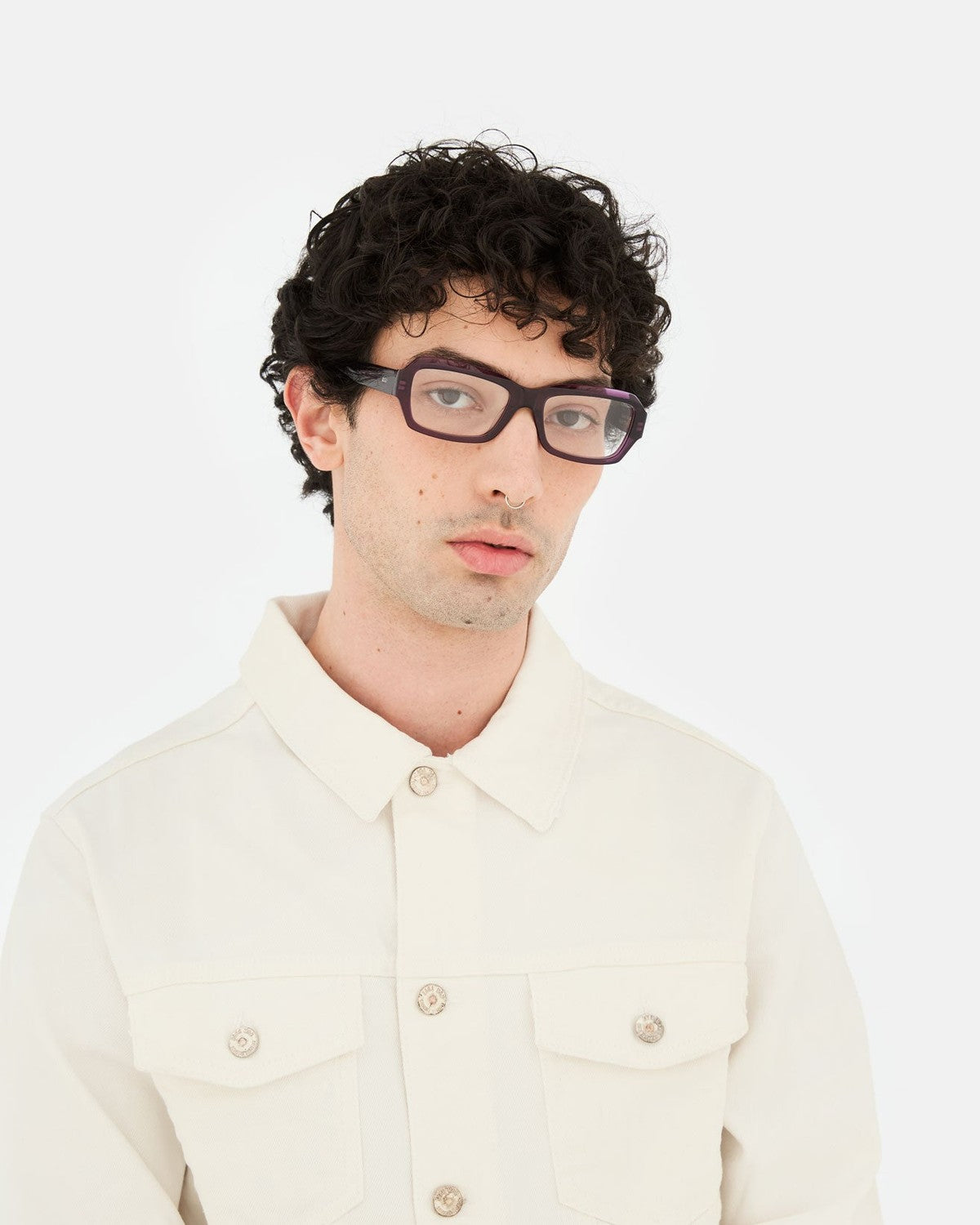 Model wearing RETROSUPERFUTURE Numero 134 Melanzana sunglasses.
