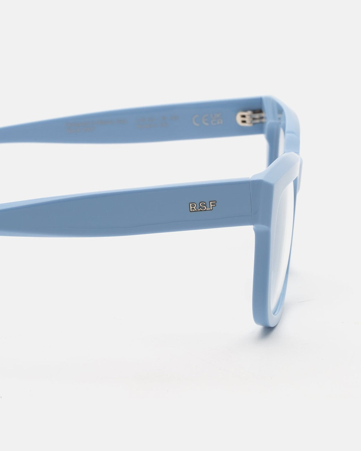 Close-up of the temple and hinge detail on RETROSUPERFUTURE Numero 136 Azzurro sunglasses.