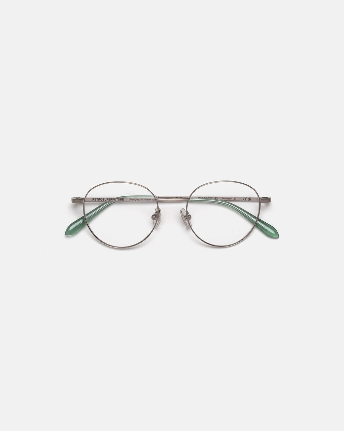 Front view of RETROSUPERFUTURE Numero 137 Salvia sunglasses with metal frames and green temple tips.