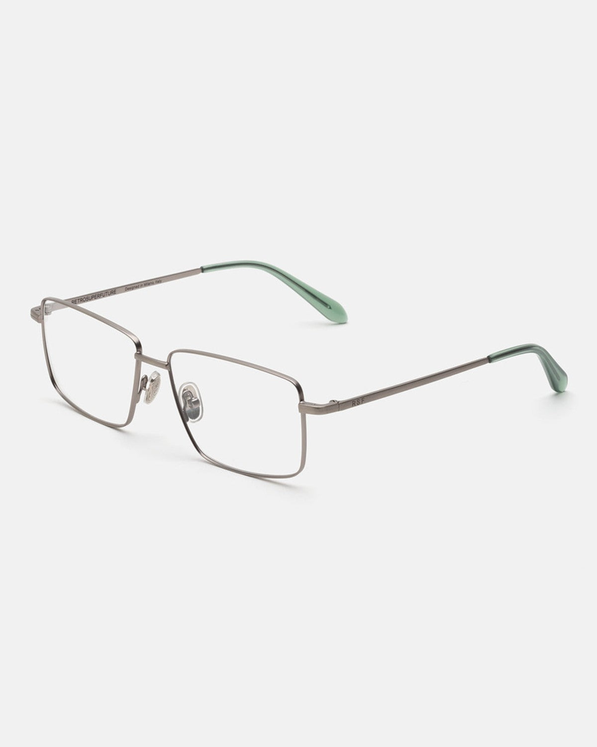 Angle view of RETROSUPERFUTURE Numero 139 Salvia sunglasses showing metal frame and green temple tips.