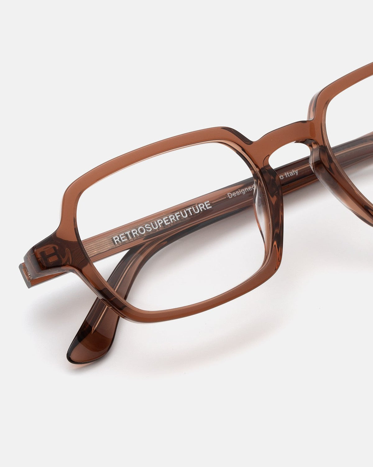 Close-up of the temple and bridge on RETROSUPERFUTURE Numero 141 Marrone sunglasses.