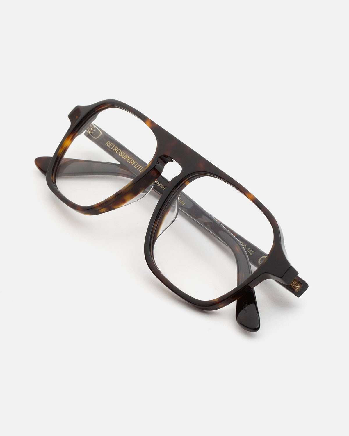 Folded view of RETROSUPERFUTURE Numero 142 Havana sunglasses showing the frame and temples.