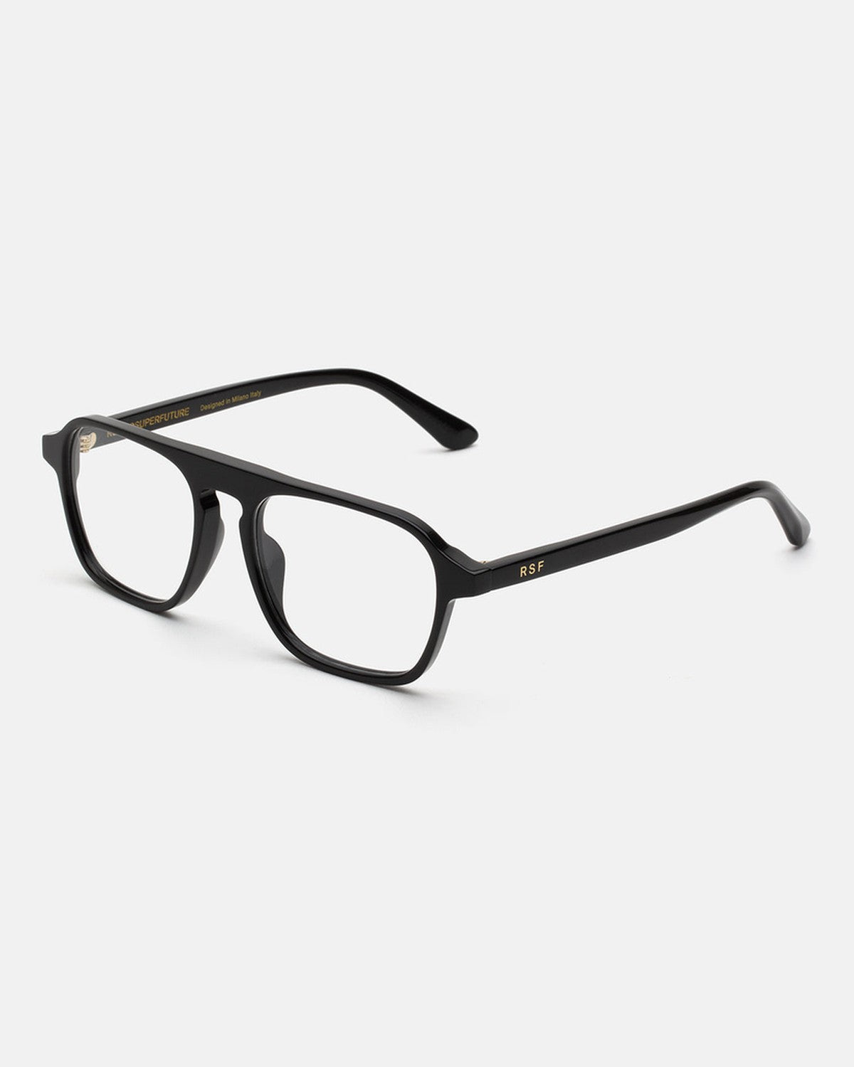 Angled view of RETROSUPERFUTURE Numero 142 Nero sunglasses with open temples.