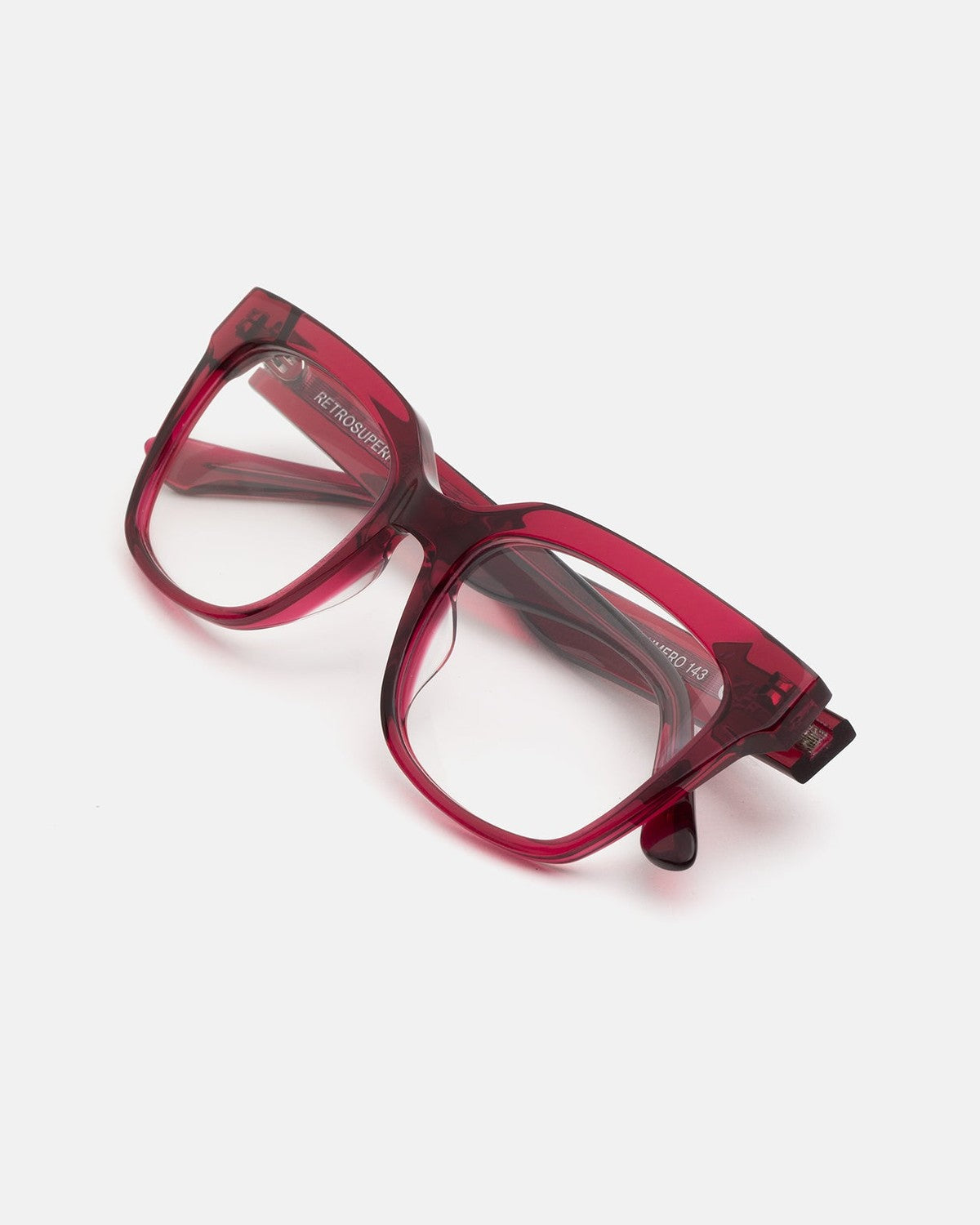 Overhead angle of folded RETROSUPERFUTURE Numero 143 Bordeaux sunglasses.