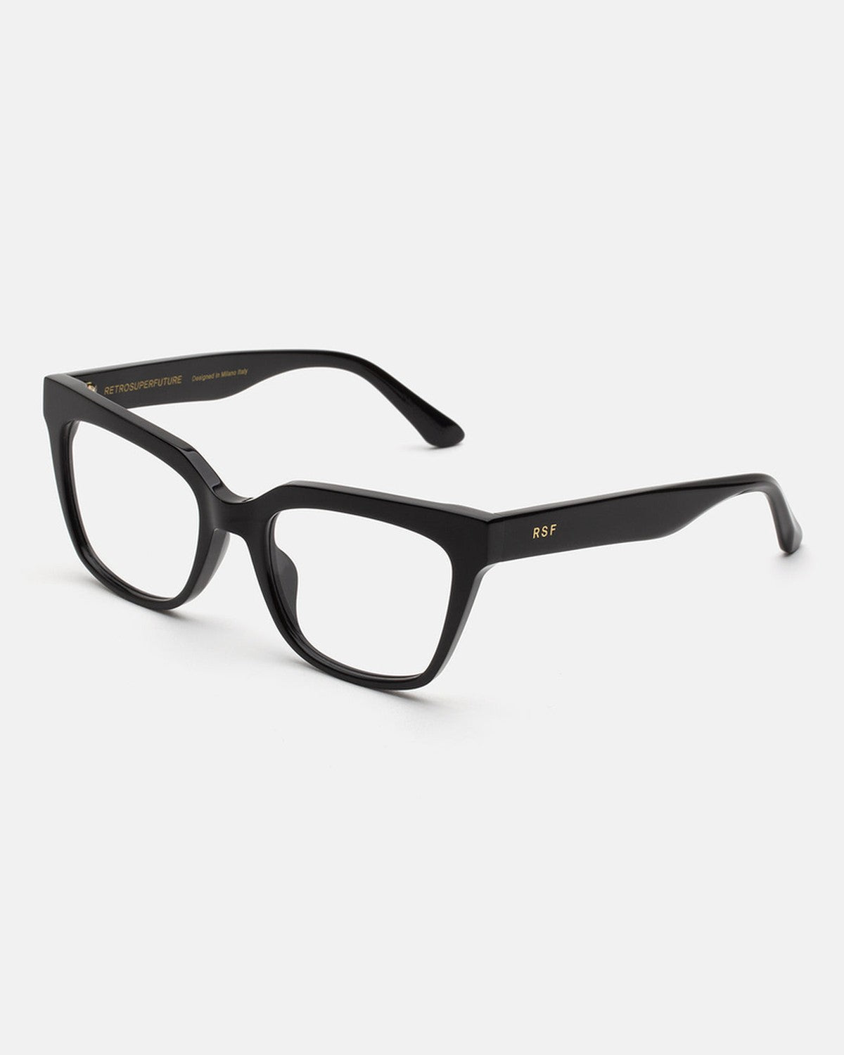 Angle view of RETROSUPERFUTURE Numero 143 Nero sunglasses showing the RSF branding on the temple.