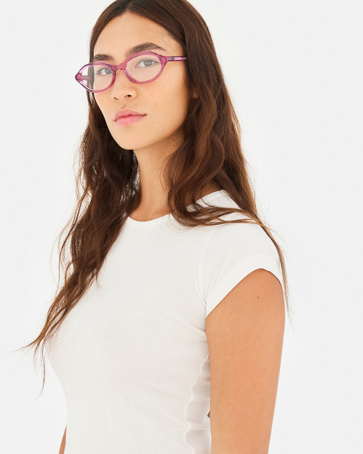 Model wearing RETROSUPERFUTURE Numero 145 Caramella sunglasses.