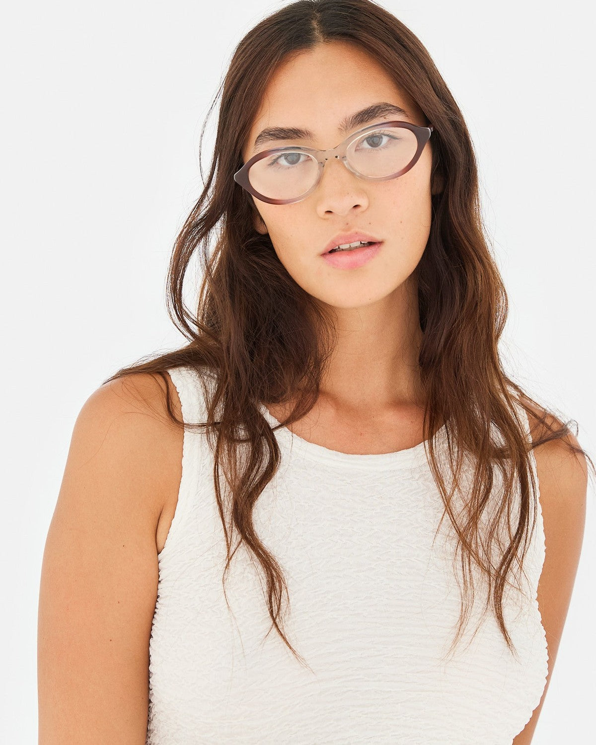 Model wearing RETROSUPERFUTURE Numero 145 Side Fade sunglasses, front view.