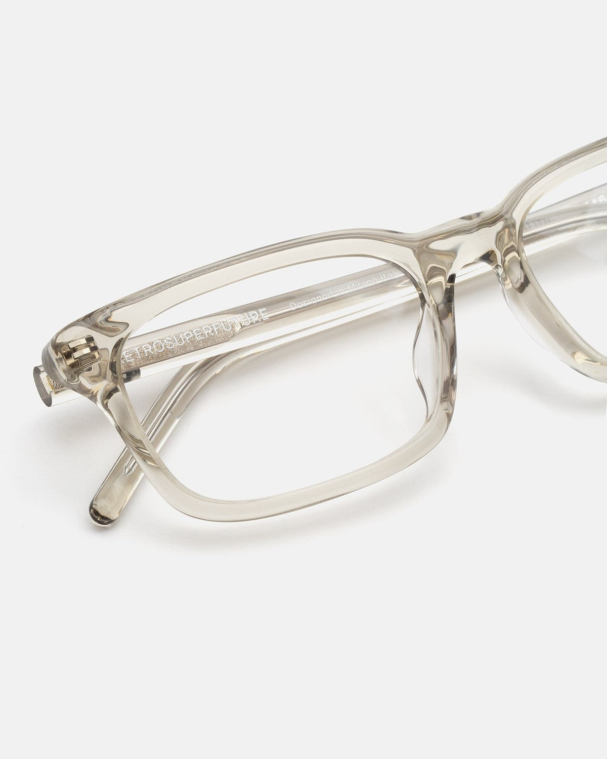 Close-up of the hinge and temple detail on RETROSUPERFUTURE Numero 146 Nebbia sunglasses.