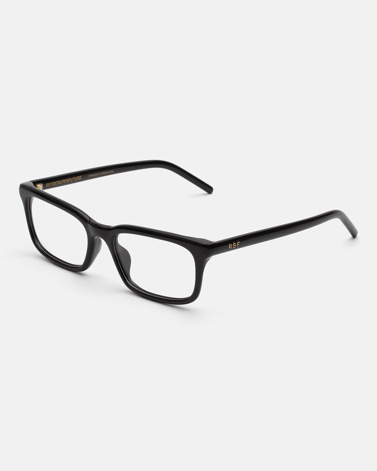 Angle view of RETROSUPERFUTURE Numero 146 Nero sunglasses showing the temple and RSF branding.