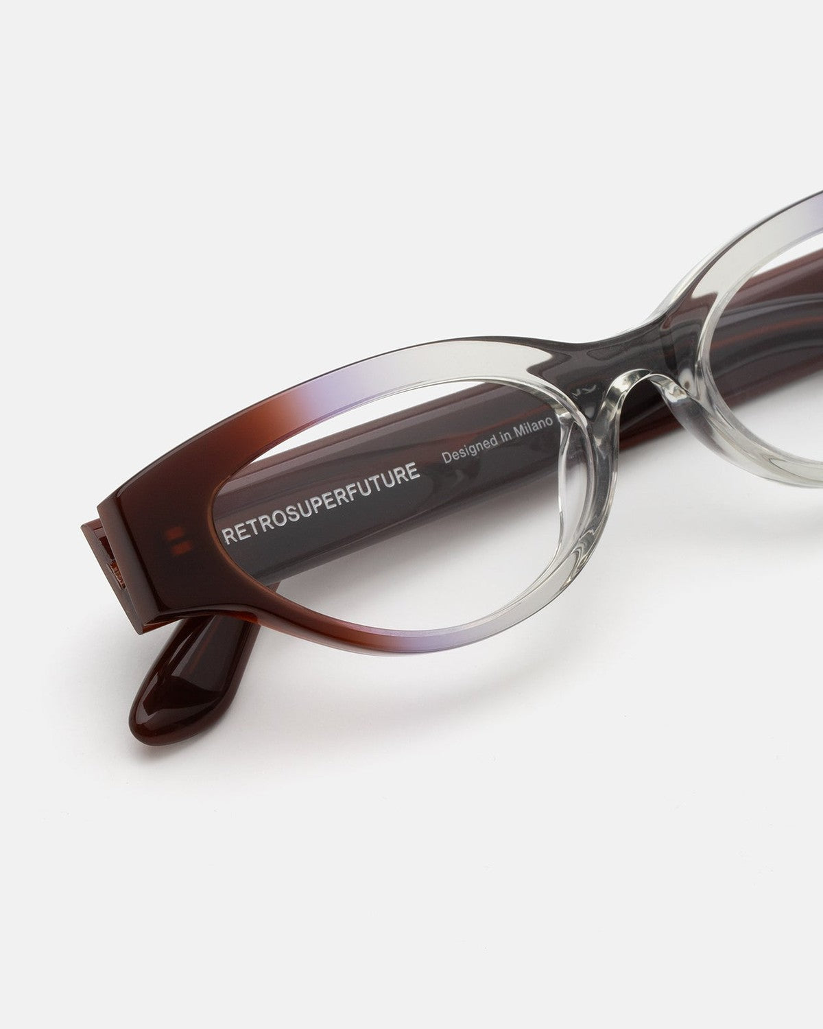 Close-up of the temple and hinge on RETROSUPERFUTURE Numero 147 Side Fade sunglasses.