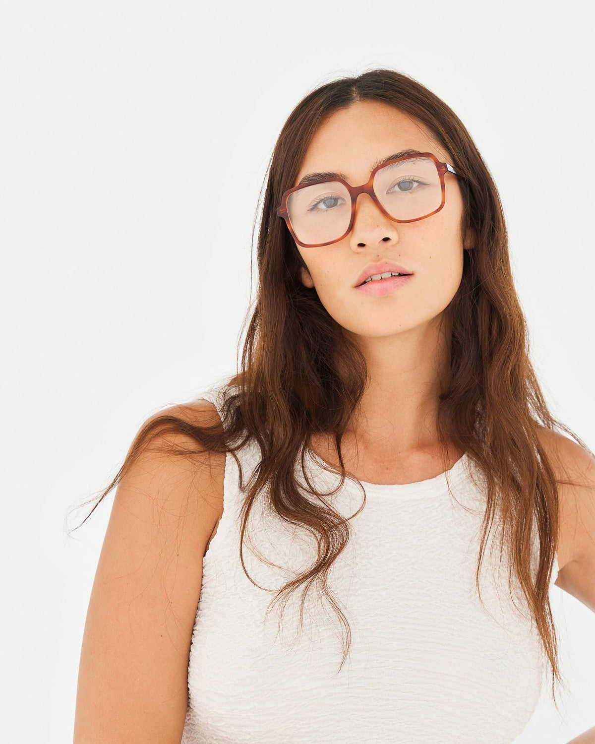 Front view of model wearing RETROSUPERFUTURE Numero 149 Tabacco sunglasses.