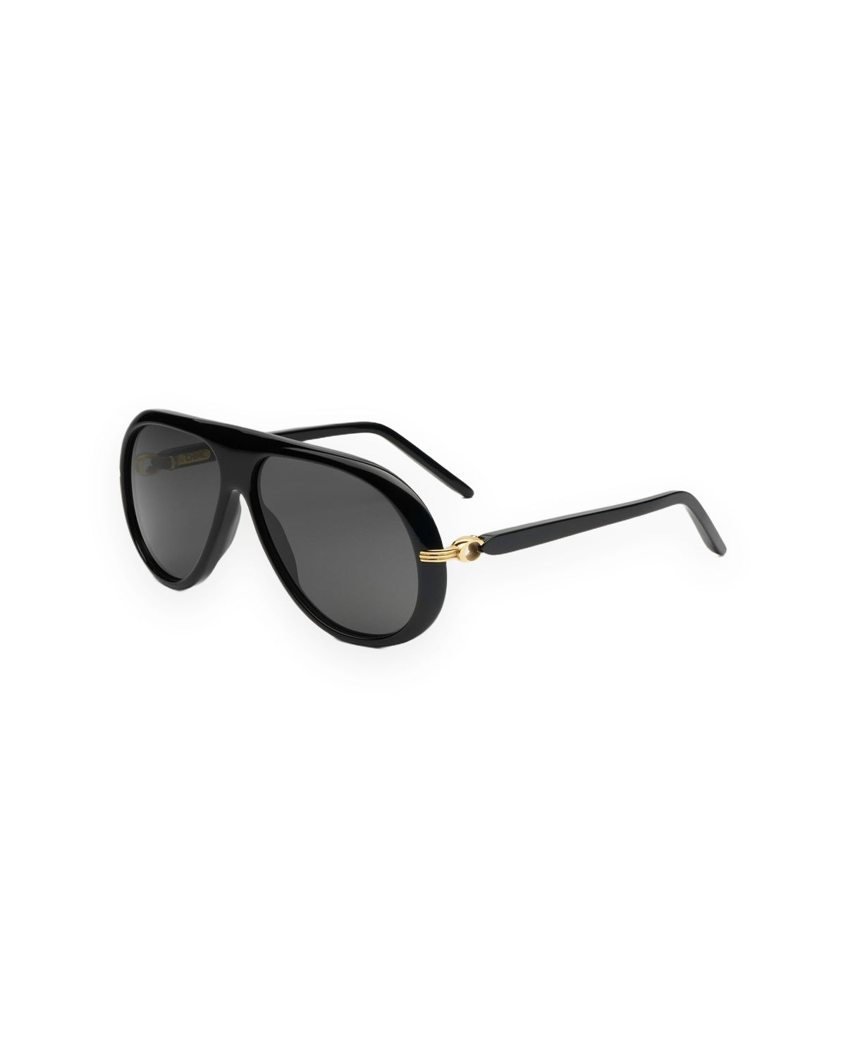 Angled view of CHIMI Oona Black sunglasses showing the gold temple detail.