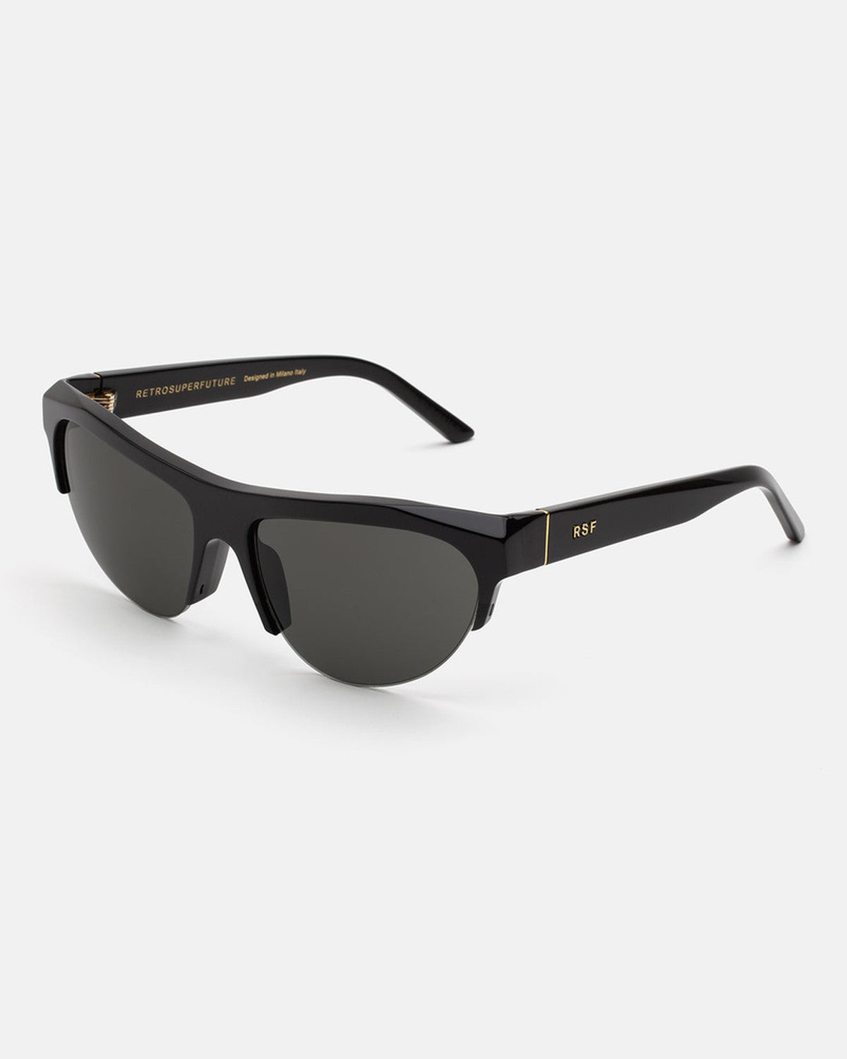 Angle view of RETROSUPERFUTURE Ora Black sunglasses showing the left temple and RSF logo detail.