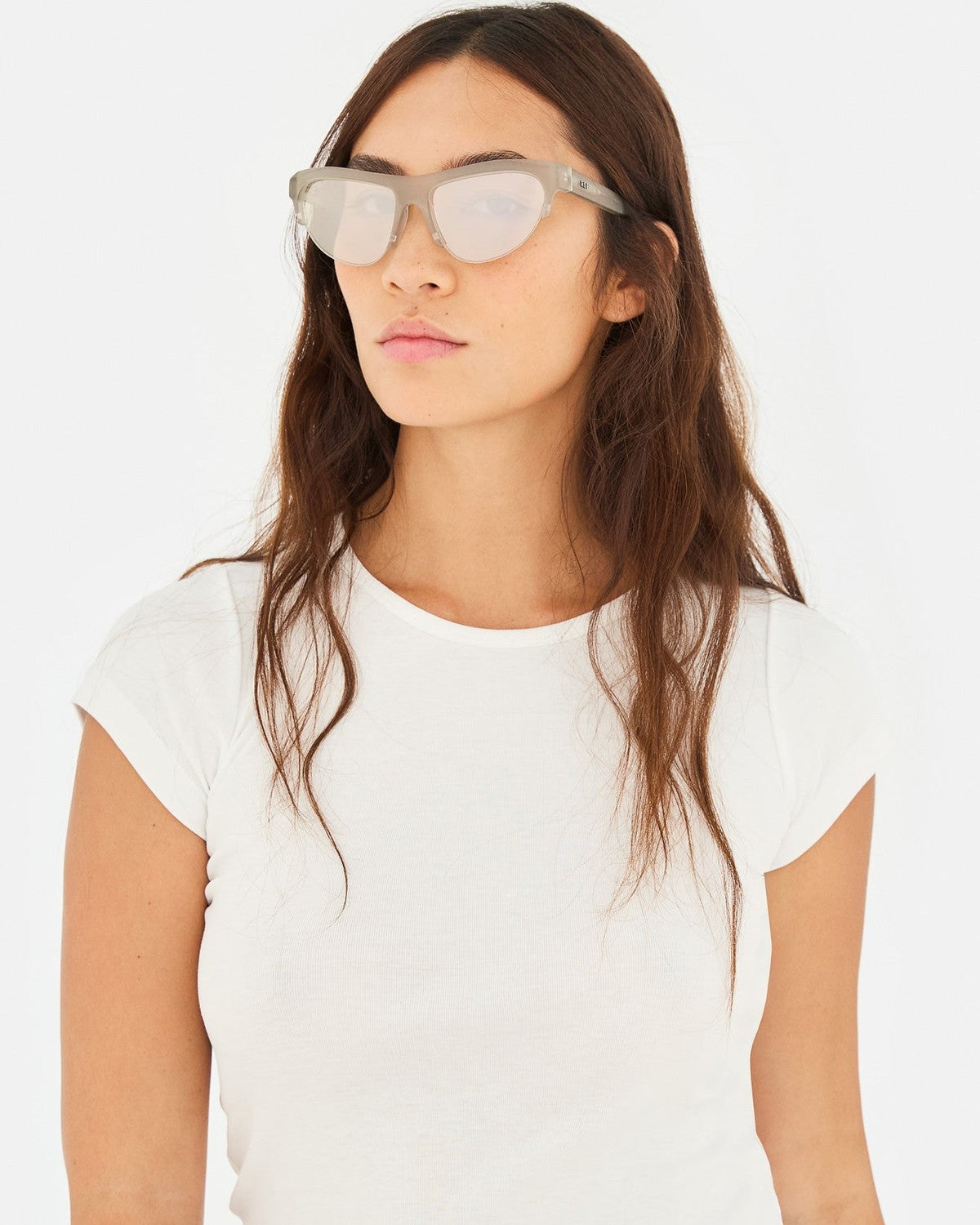 Model wearing RETROSUPERFUTURE Ora Nebbia sunglasses.