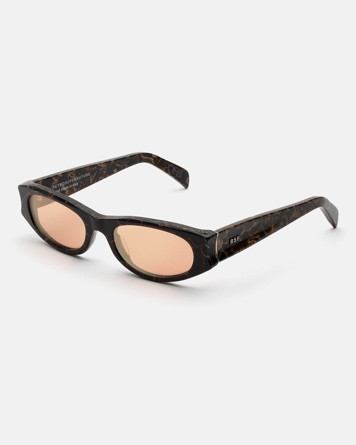 Angled view of RETROSUPERFUTURE Razzo Brown Marble sunglasses.