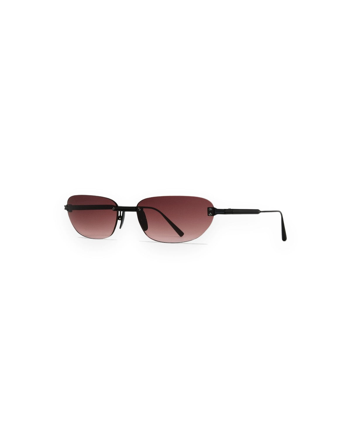 Angle view of CHIMI Rimless Oval Burgundy Gradient Red sunglasses.