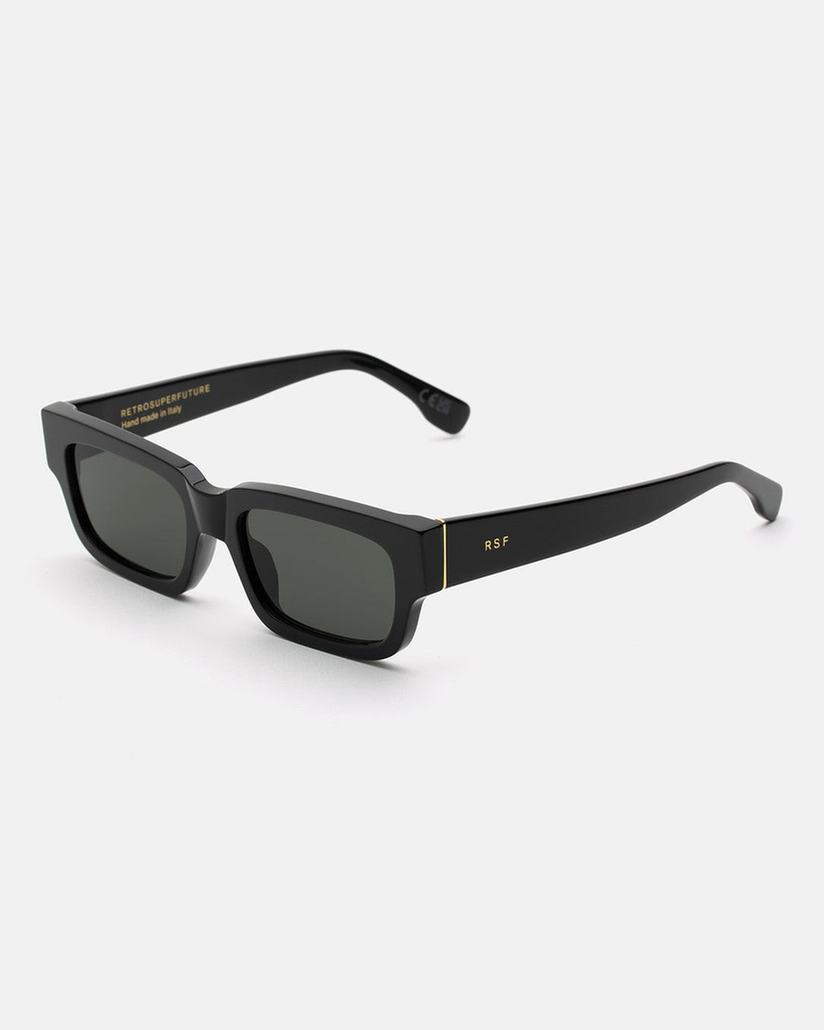 Angle view of RETROSUPERFUTURE Roma Black sunglasses showing the temple and RSF logo.