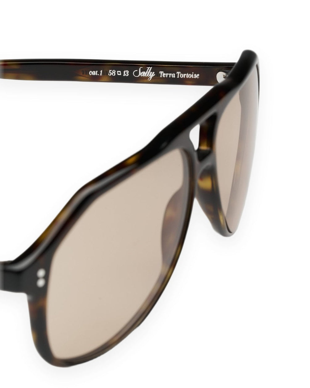 Close-up of the temple and bridge detail on CHIMI Sally Terra Tortoise Brown sunglasses.