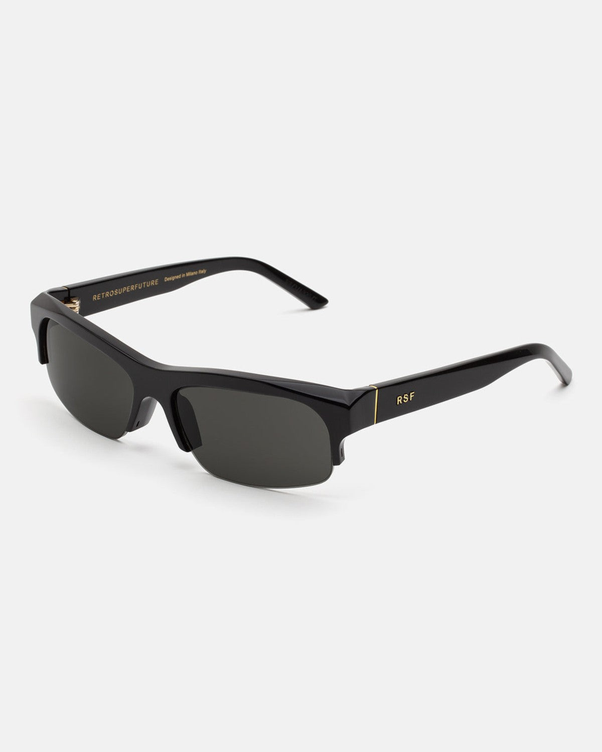Angle view of RETROSUPERFUTURE Scatto Black sunglasses showing the temple and RSF branding.