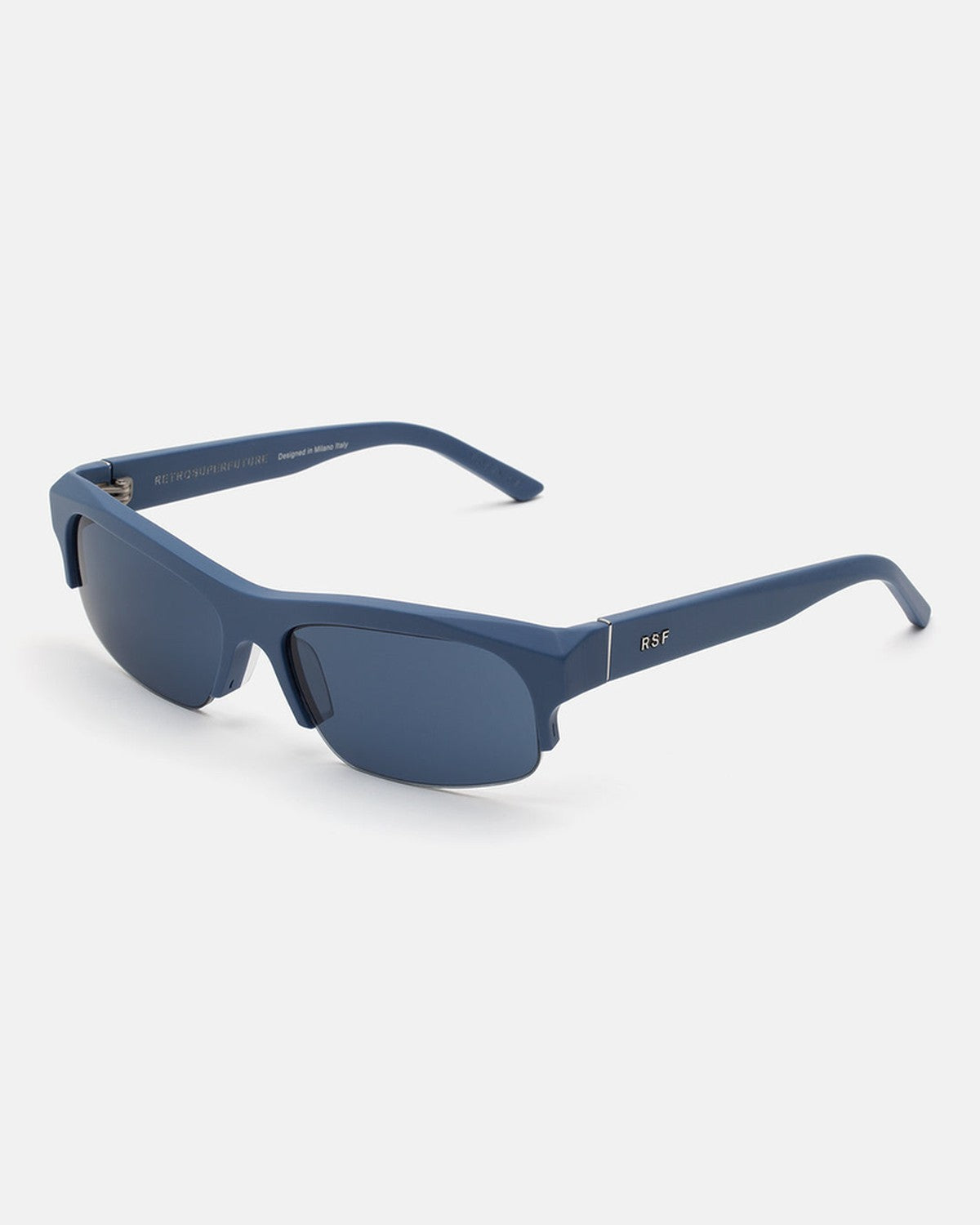 Angled view of RETROSUPERFUTURE Scatto Dusty Blue sunglasses with temples extended.