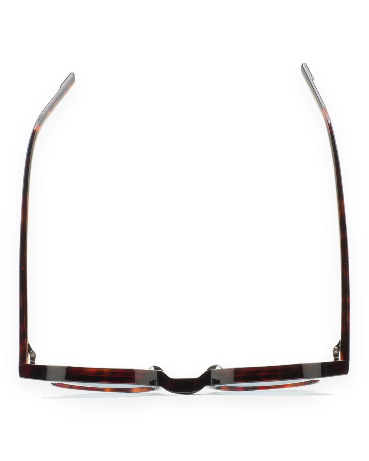 Top-down view of KALEOS Scott Dark Havana Blue sunglasses showing folded temples.