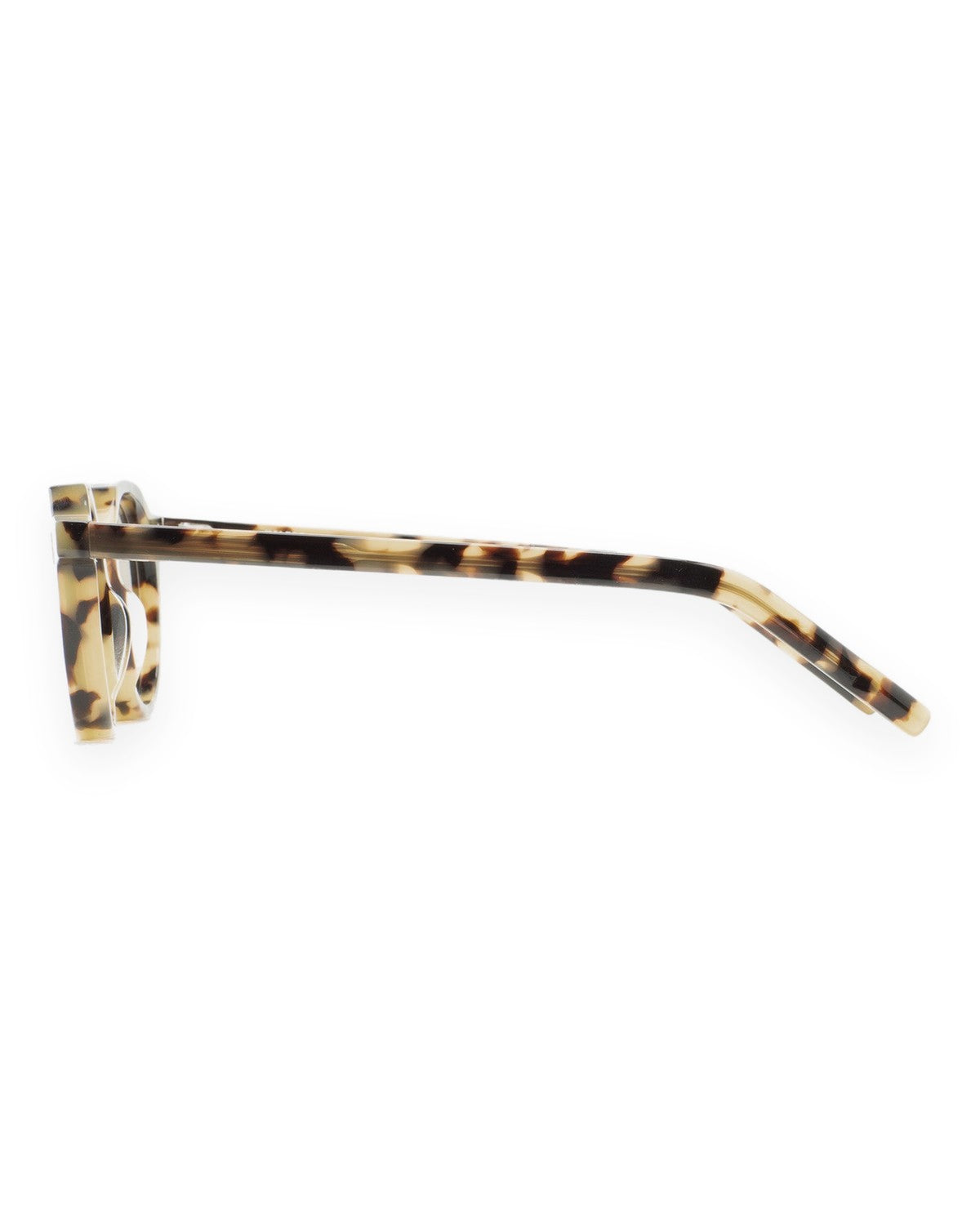 Side profile of KALEOS Scott Spotted Havana Brown Photochromic sunglasses showing the left temple.