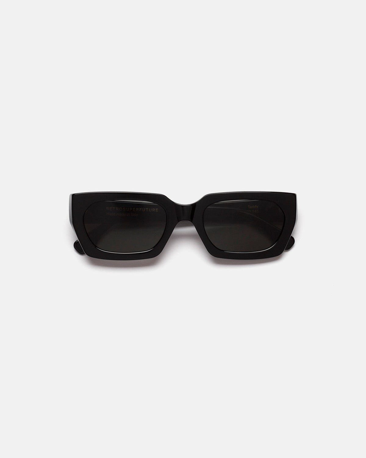 Front view of RETROSUPERFUTURE Teddy Black sunglasses with temples folded.