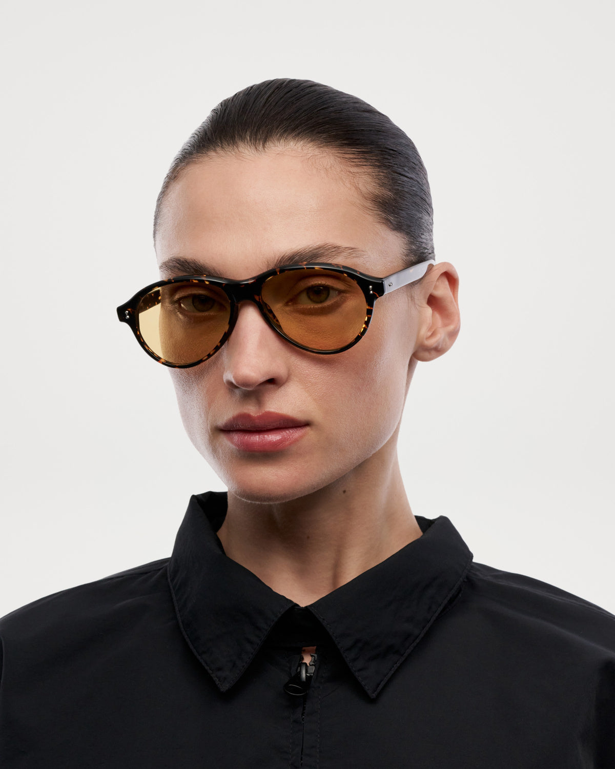 Model wearing CHIMI Tome Feral Tortoise Yellow Lens Sunglasses