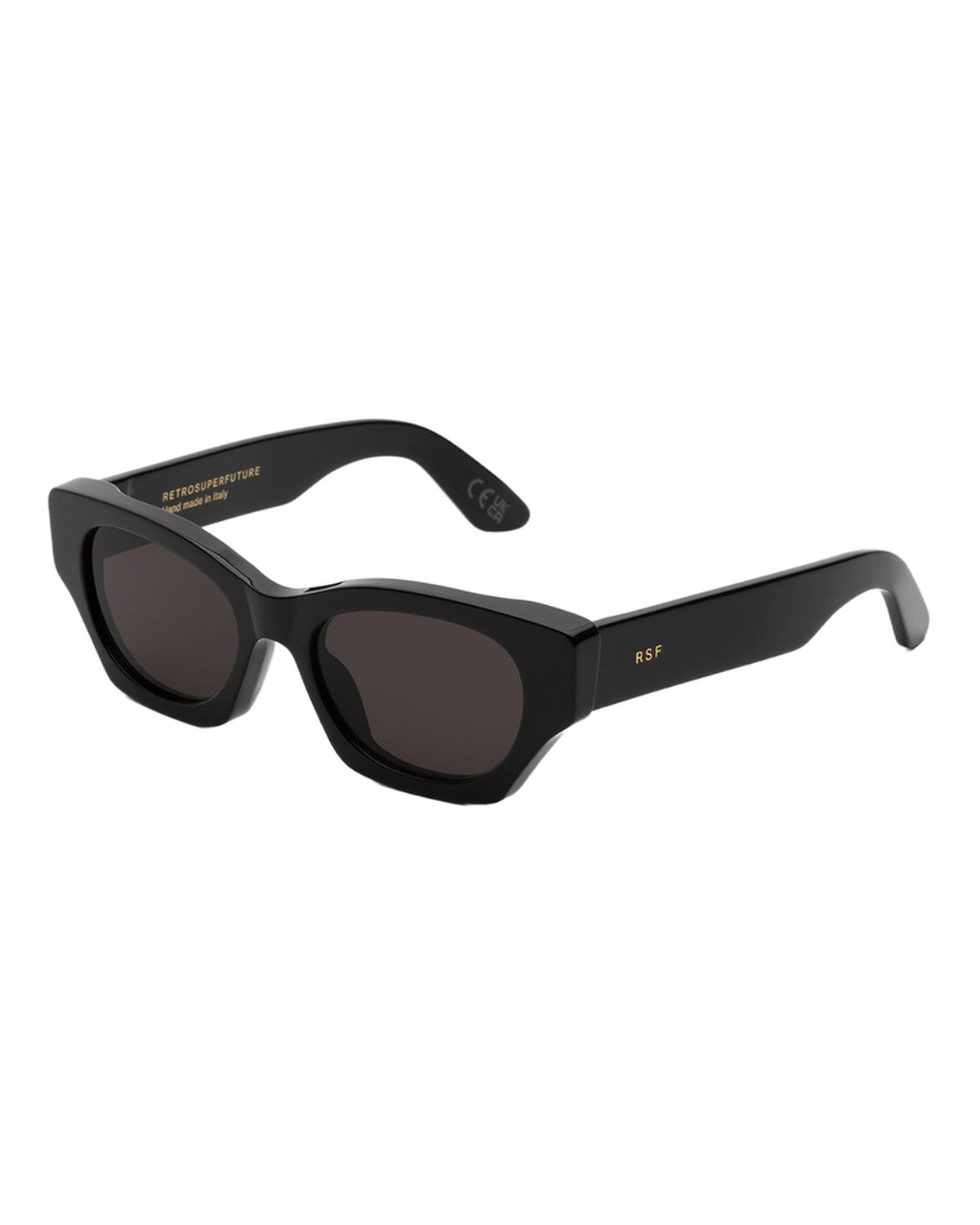Angle view of RETROSUPERFUTURE Tono Black sunglasses showing the left temple.