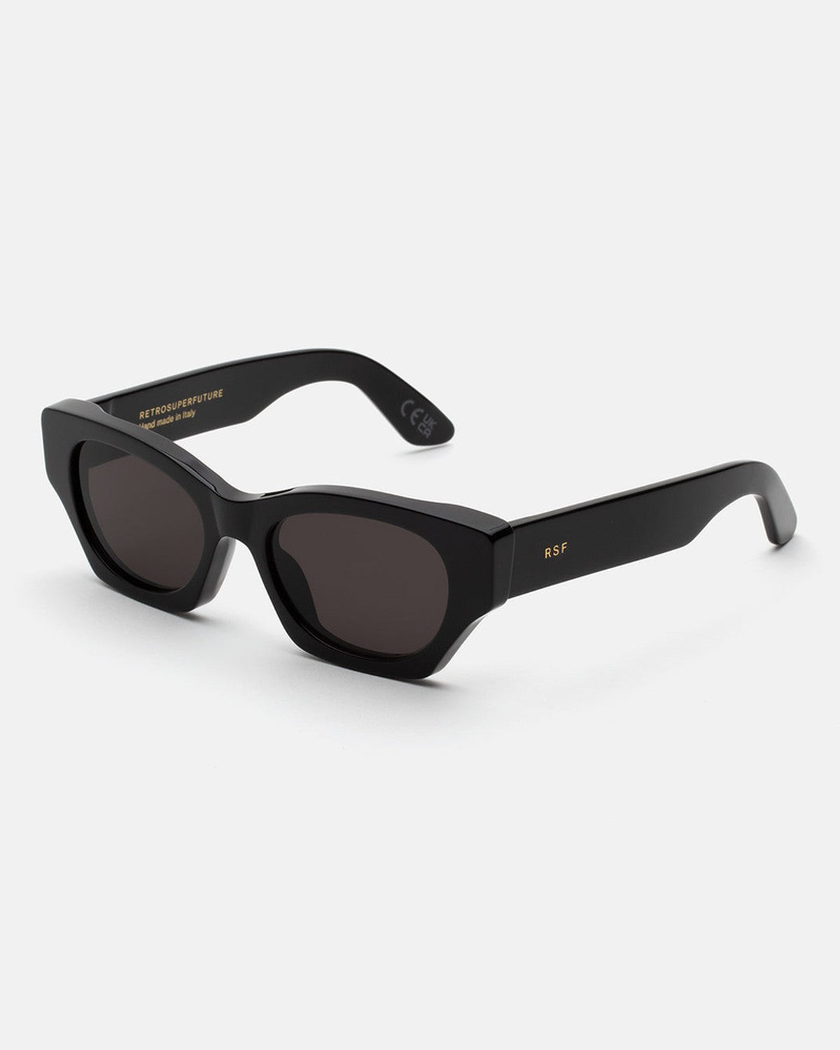 Angle view of RETROSUPERFUTURE Tono Black sunglasses showing the temple and RSF logo.