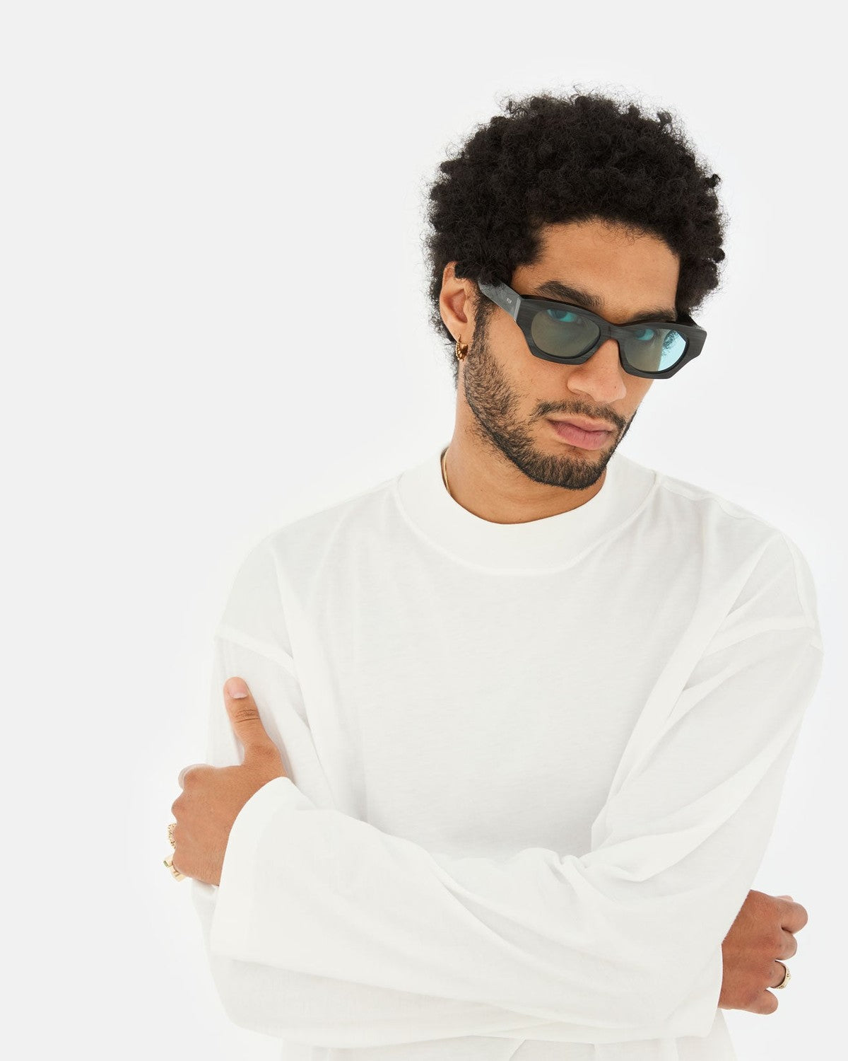 Model wearing RETROSUPERFUTURE Tono Fiammato sunglasses facing forward.