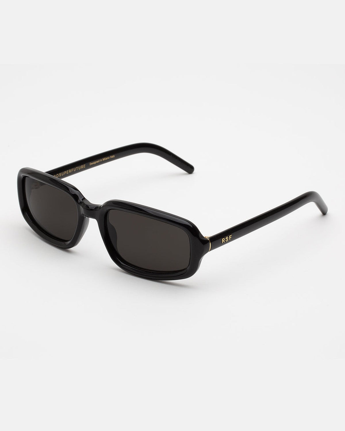 Angled view of RETROSUPERFUTURE Troll Black sunglasses showing the temple.