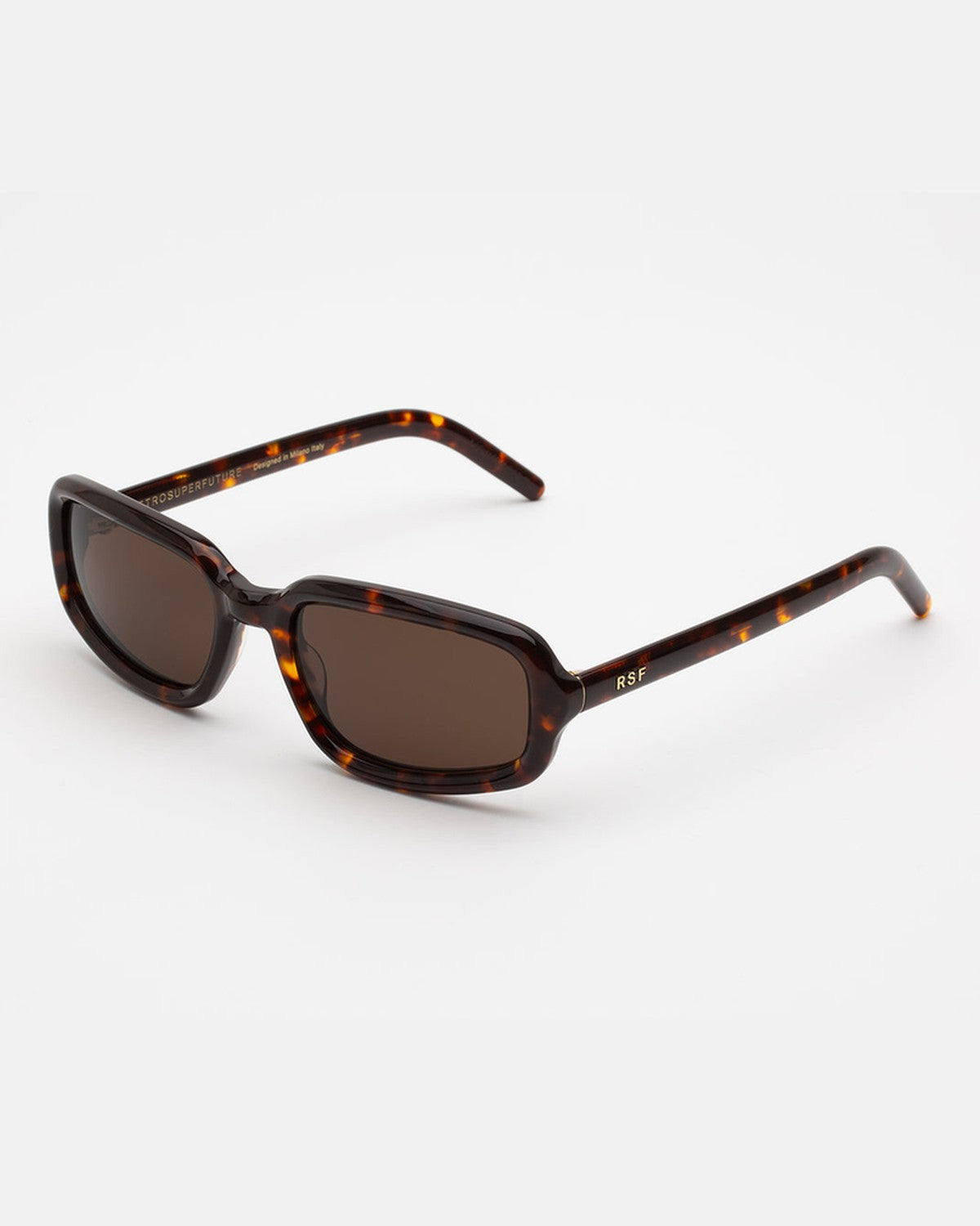 Angled view of RETROSUPERFUTURE Troll Burnt Havana sunglasses showing the tortoiseshell pattern and temple.